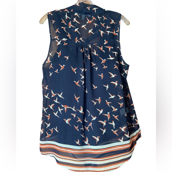 Black Rainn Navy Blue bird print tank blouse with sheer overlay and tie at neck - Picture 2 of 5